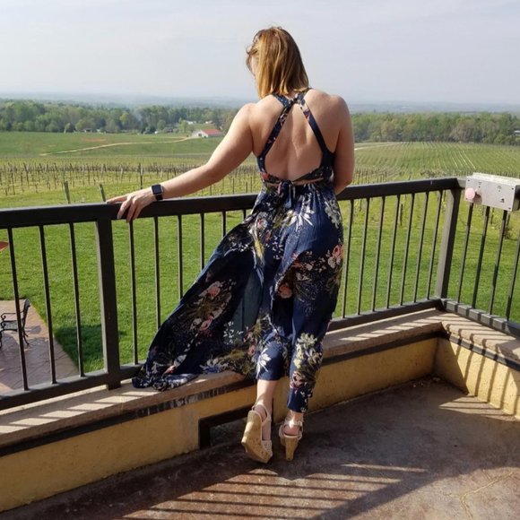 Navy Blue Criss Cross Backless Layered Split Dress - Picture 2 of 3